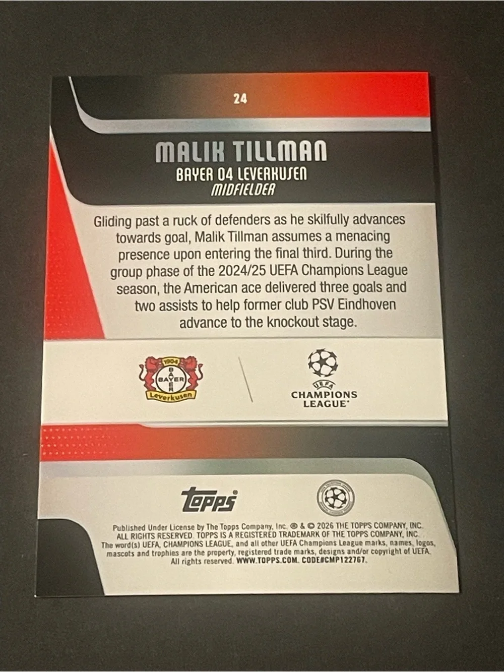 2025/26 Topps UEFA Malik Tillman #24 Purple Inferno Holo 240/250 Card